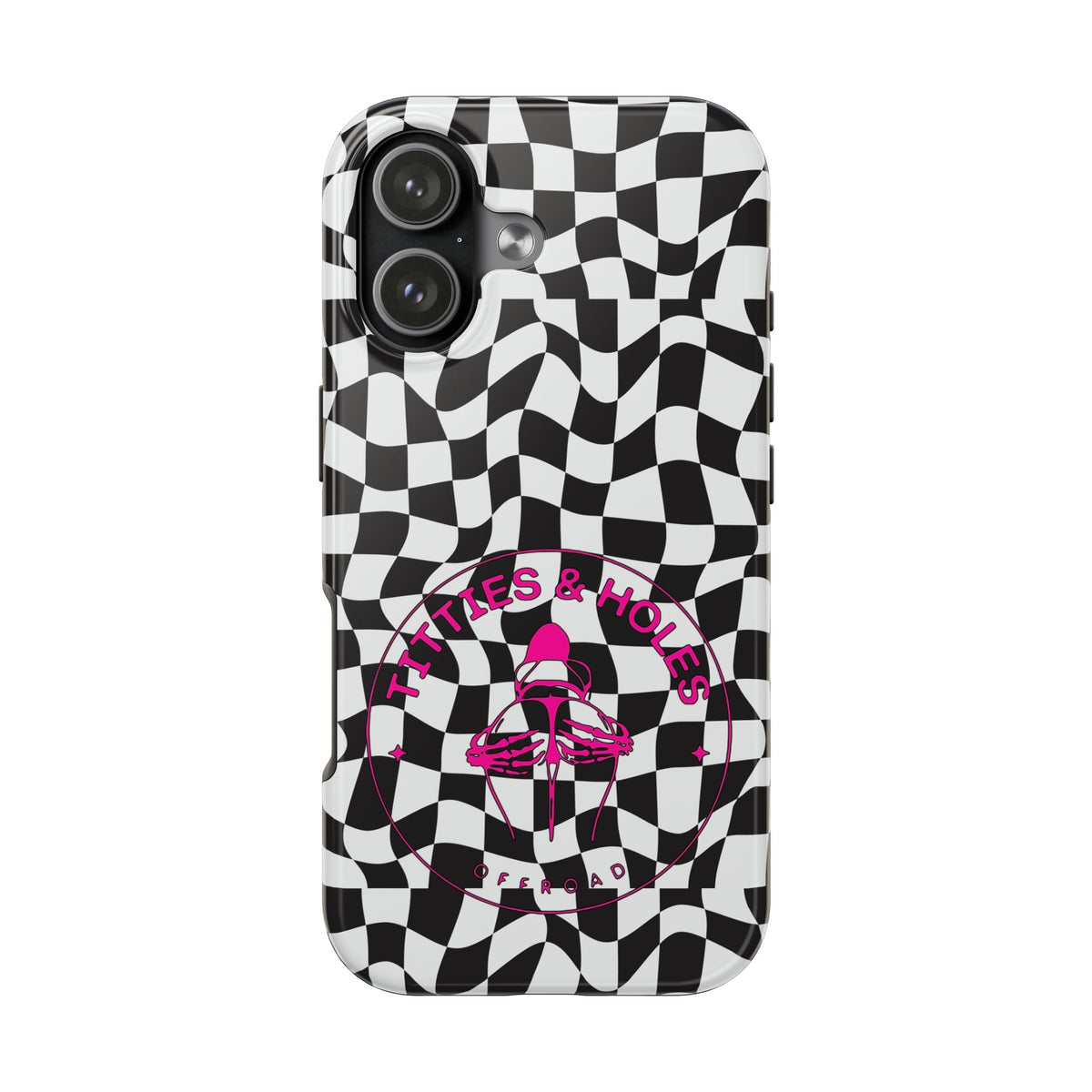 Checkered Swirl Tough Phone Case — 'Titties & Holes' Pink Logo, Retro Skate Vibe