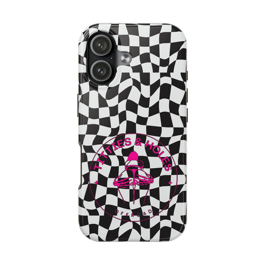 Checkered  Swirl Tough Phone Case — 'Titties & Holes' Pink Logo, Retro Skate Vibe